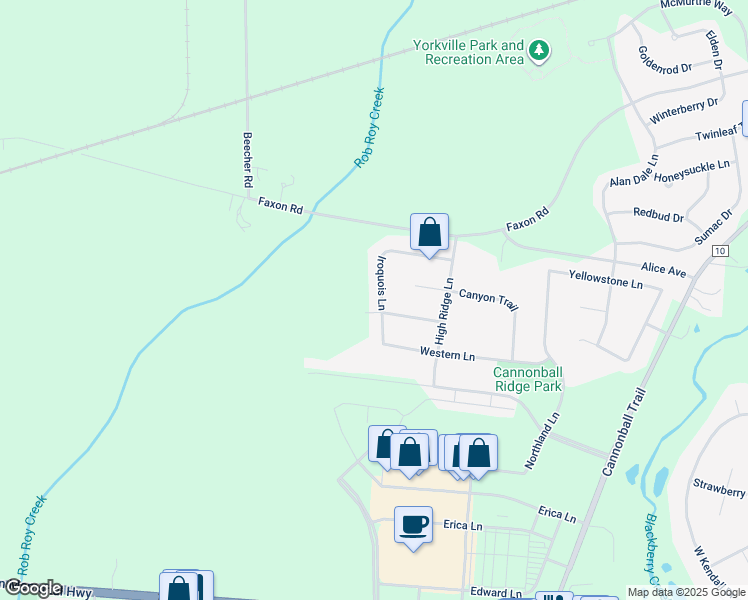 map of restaurants, bars, coffee shops, grocery stores, and more near 2221 Iroquois Lane in Yorkville