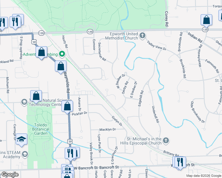 map of restaurants, bars, coffee shops, grocery stores, and more near 20 Stableside North in Toledo