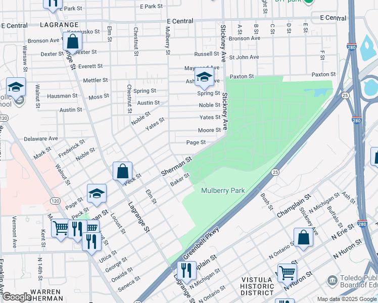 map of restaurants, bars, coffee shops, grocery stores, and more near 1327 Sherman Street in Toledo