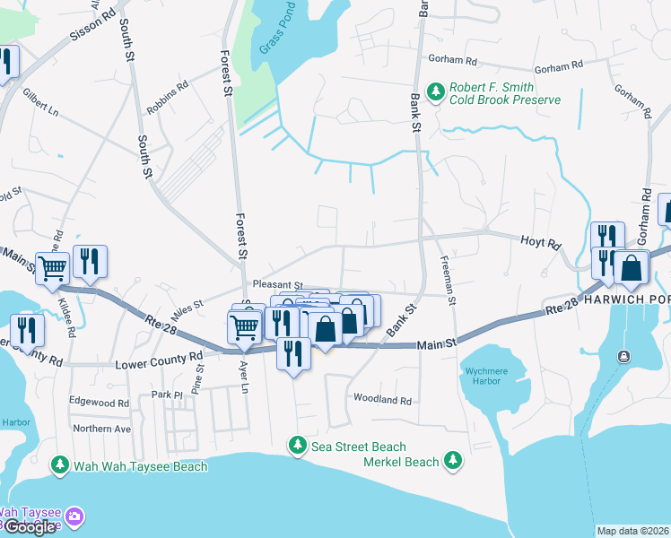 map of restaurants, bars, coffee shops, grocery stores, and more near 31 Knockturn Alley in Harwich