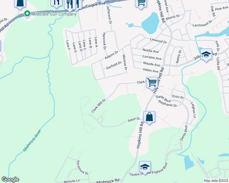 map of restaurants, bars, coffee shops, grocery stores, and more near Clark Mill Street in Coventry