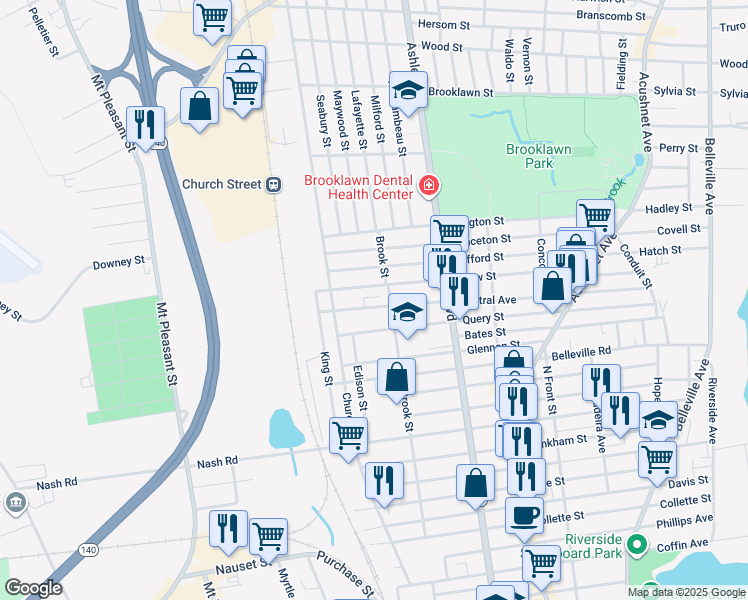 map of restaurants, bars, coffee shops, grocery stores, and more near 323-325 Query Street in New Bedford