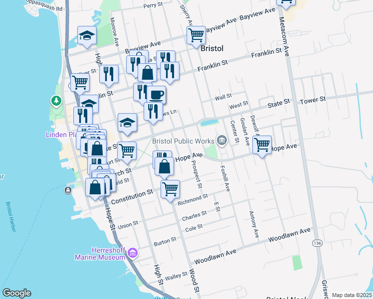 map of restaurants, bars, coffee shops, grocery stores, and more near 50 Mount Hope Avenue in Bristol