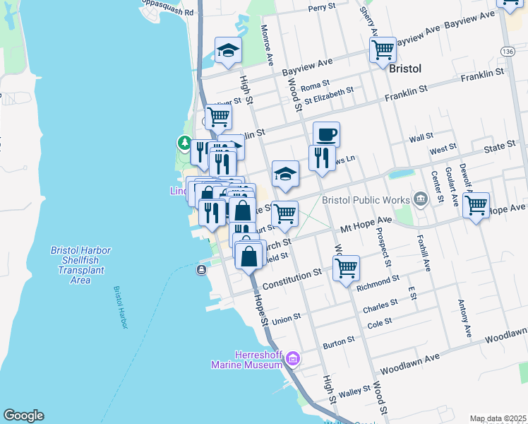 map of restaurants, bars, coffee shops, grocery stores, and more near 24 Court Street in Bristol