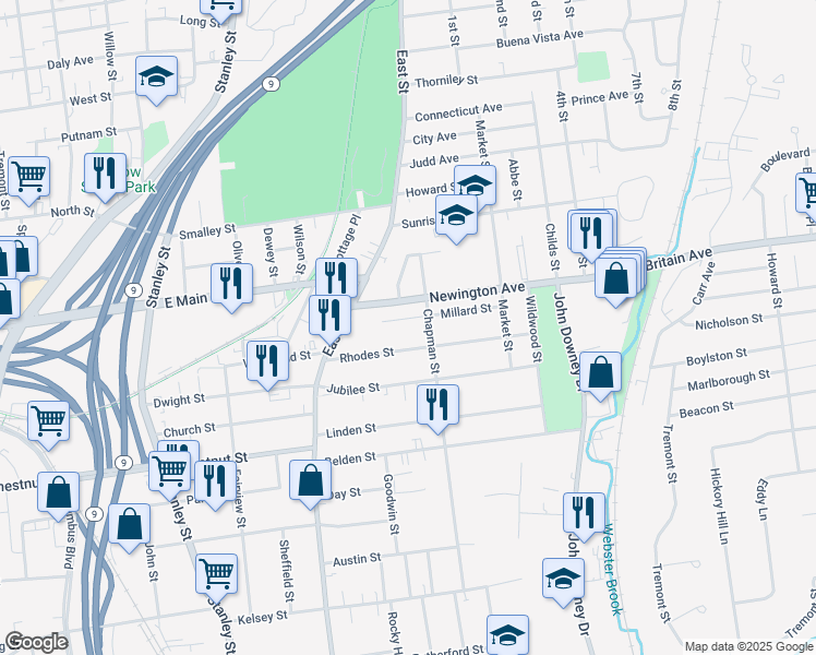 map of restaurants, bars, coffee shops, grocery stores, and more near 86 Rhodes Street in New Britain