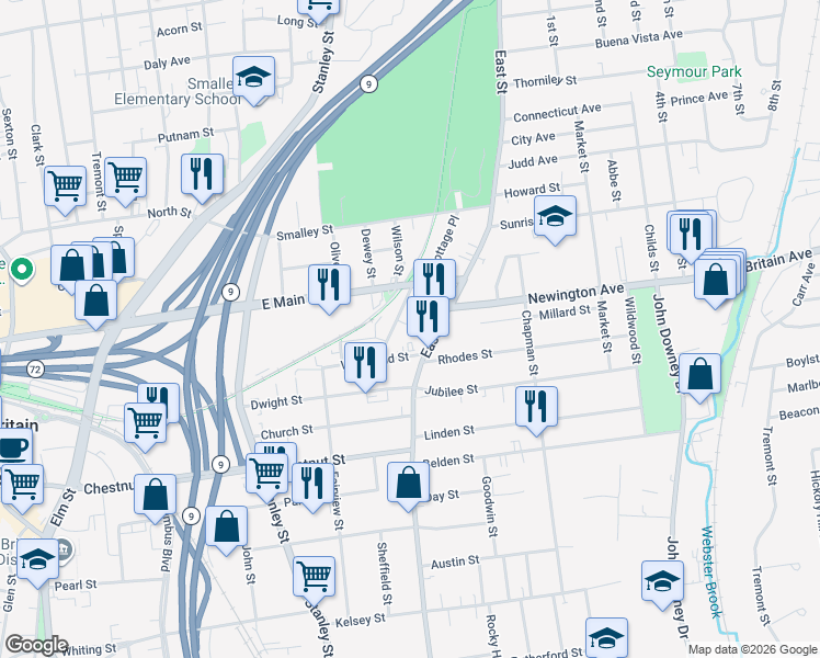 map of restaurants, bars, coffee shops, grocery stores, and more near 611 East Street in New Britain