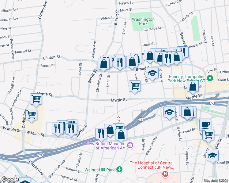 map of restaurants, bars, coffee shops, grocery stores, and more near 144 Curtis Street in New Britain