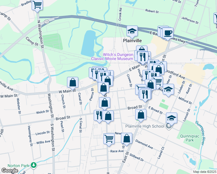 map of restaurants, bars, coffee shops, grocery stores, and more near 36 Whiting Street in Plainville
