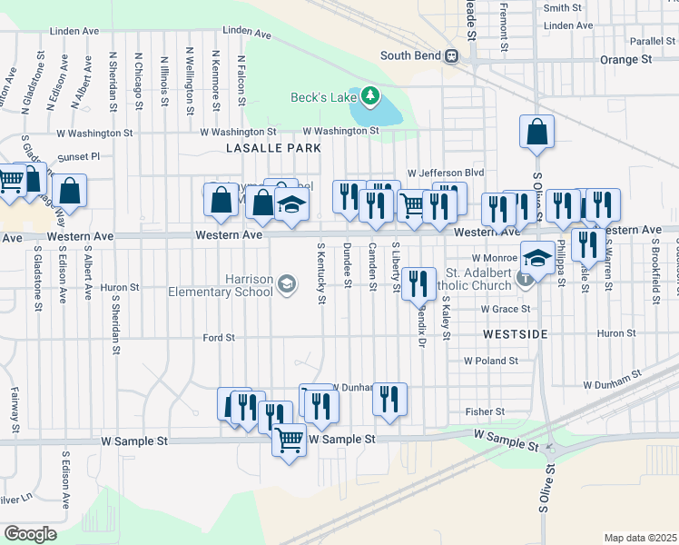 map of restaurants, bars, coffee shops, grocery stores, and more near 3020 Huron Street in South Bend