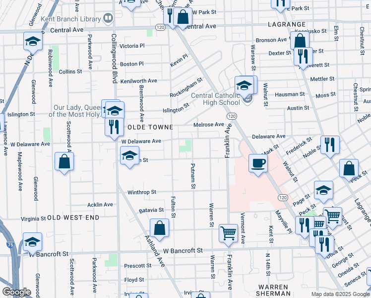 map of restaurants, bars, coffee shops, grocery stores, and more near 2461 Putnam Street in Toledo