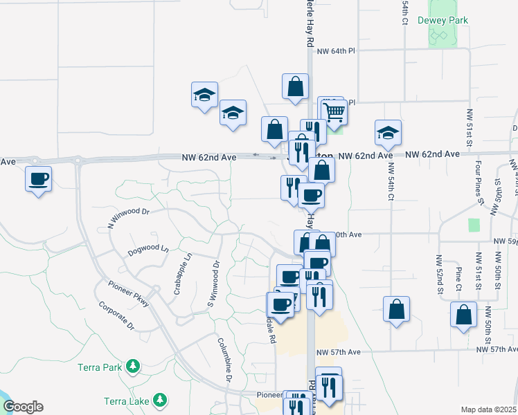 map of restaurants, bars, coffee shops, grocery stores, and more near 6102 Northwest 61st Avenue in Johnston