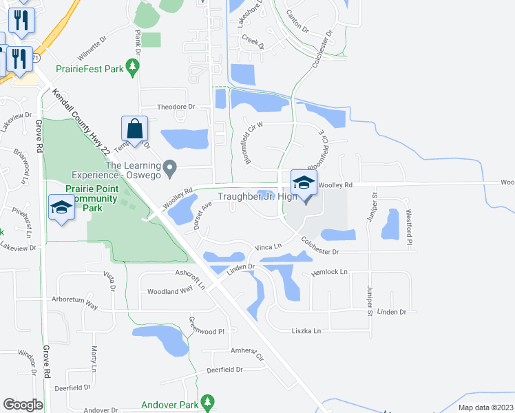 map of restaurants, bars, coffee shops, grocery stores, and more near 127 Dorset Court in Oswego