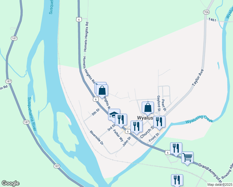 map of restaurants, bars, coffee shops, grocery stores, and more near 14 Keeler Drive in Wyalusing