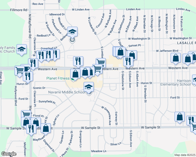 map of restaurants, bars, coffee shops, grocery stores, and more near 4526 West Western Avenue in South Bend