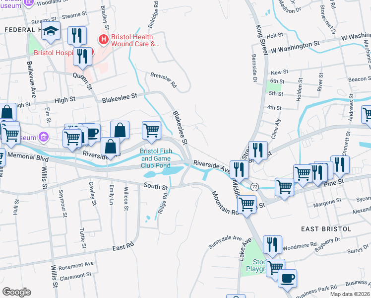 map of restaurants, bars, coffee shops, grocery stores, and more near 373-499 Riverside Ave in Bristol