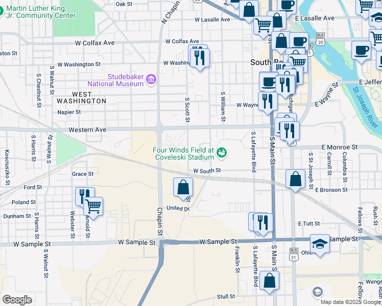 map of restaurants, bars, coffee shops, grocery stores, and more near 501 South Scott Street in South Bend