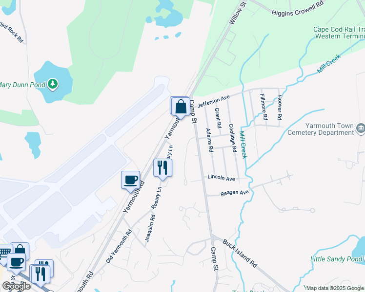 map of restaurants, bars, coffee shops, grocery stores, and more near 345 Camp Street in Yarmouth