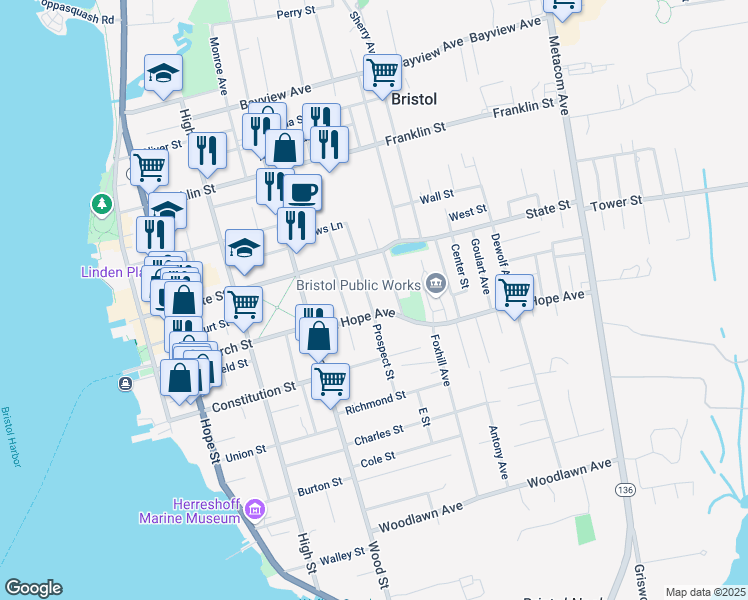 map of restaurants, bars, coffee shops, grocery stores, and more near 24 2nd School Street in Bristol