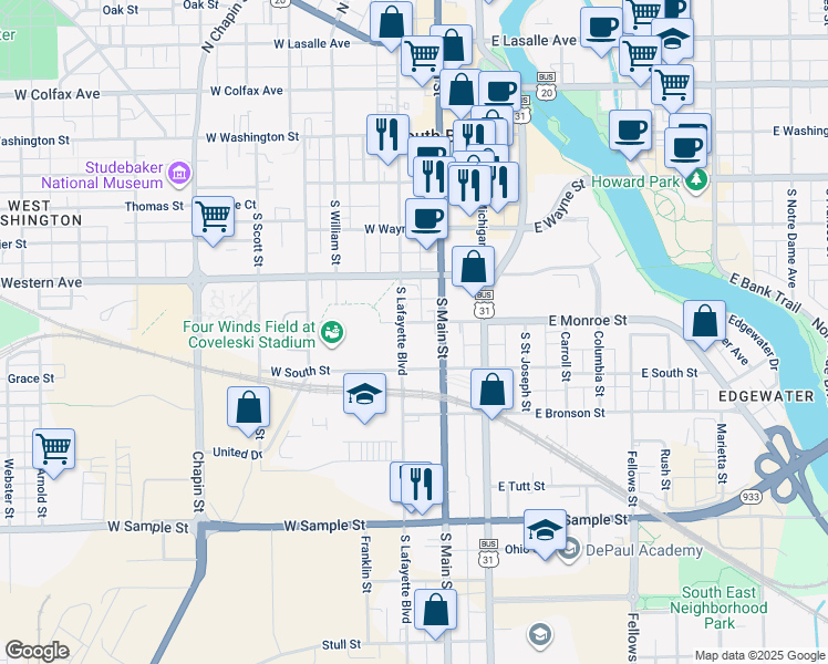 map of restaurants, bars, coffee shops, grocery stores, and more near 520 South Lafayette Boulevard in South Bend