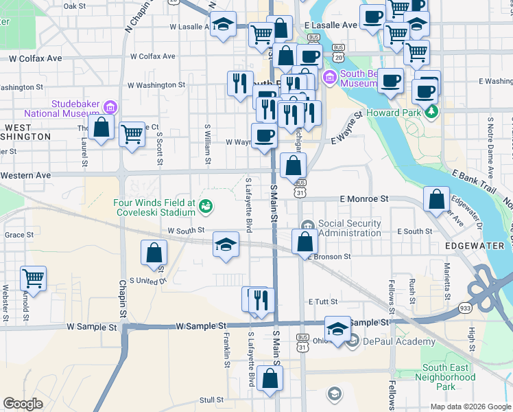 map of restaurants, bars, coffee shops, grocery stores, and more near 520 South Lafayette Boulevard in South Bend