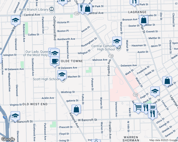 map of restaurants, bars, coffee shops, grocery stores, and more near 2461 Putnam Street in Toledo
