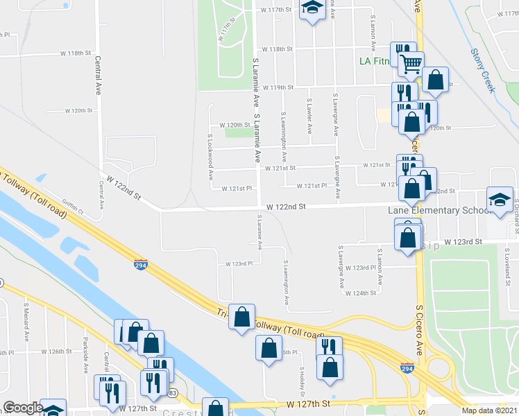 map of restaurants, bars, coffee shops, grocery stores, and more near S Laramie Ave & W 122nd St in Alsip