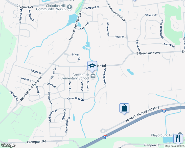 map of restaurants, bars, coffee shops, grocery stores, and more near 127 Greenbush Road in West Warwick