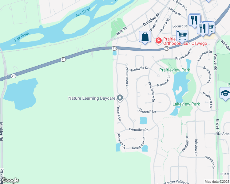 map of restaurants, bars, coffee shops, grocery stores, and more near 231 Paradise Parkway in Oswego