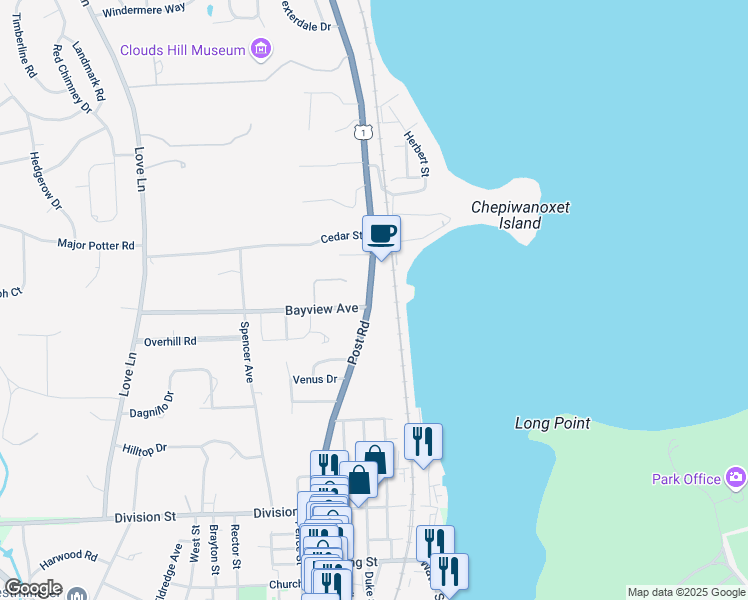 map of restaurants, bars, coffee shops, grocery stores, and more near 4430 Post Road in East Greenwich
