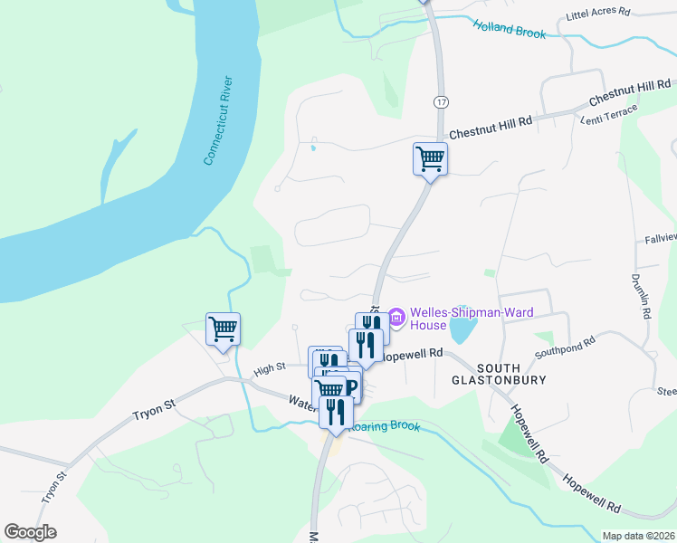 map of restaurants, bars, coffee shops, grocery stores, and more near 1 Tryon Farm Road in Glastonbury