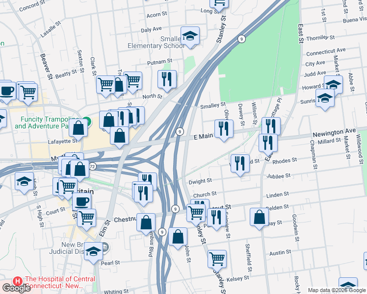 map of restaurants, bars, coffee shops, grocery stores, and more near 824 Stanley Street in New Britain