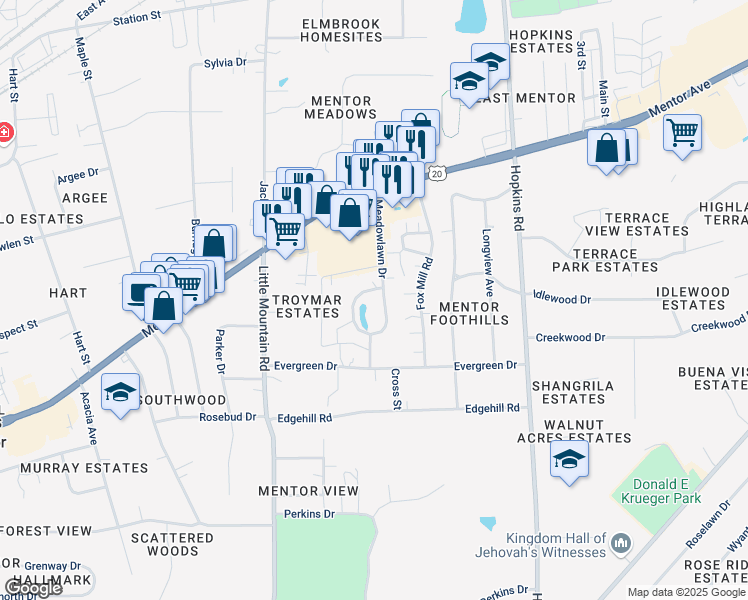 map of restaurants, bars, coffee shops, grocery stores, and more near 6 Meadowlawn Drive in Mentor