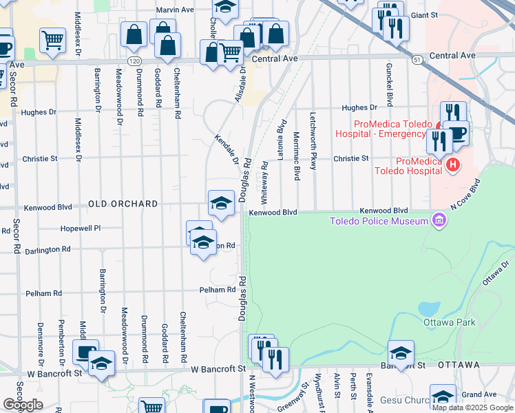 map of restaurants, bars, coffee shops, grocery stores, and more near 2660 Kenwood Boulevard in Toledo
