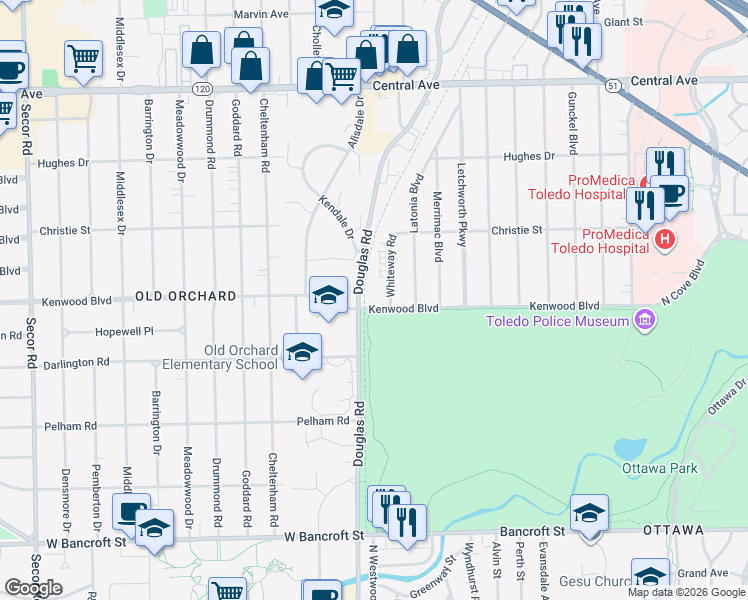map of restaurants, bars, coffee shops, grocery stores, and more near 2660 Kenwood Boulevard in Toledo