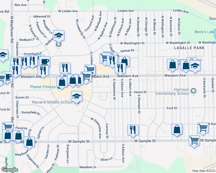 map of restaurants, bars, coffee shops, grocery stores, and more near 4408 Huron Street in South Bend