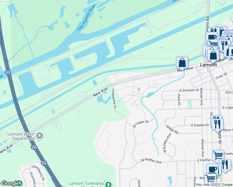 map of restaurants, bars, coffee shops, grocery stores, and more near 38 Timberline Drive in Lemont
