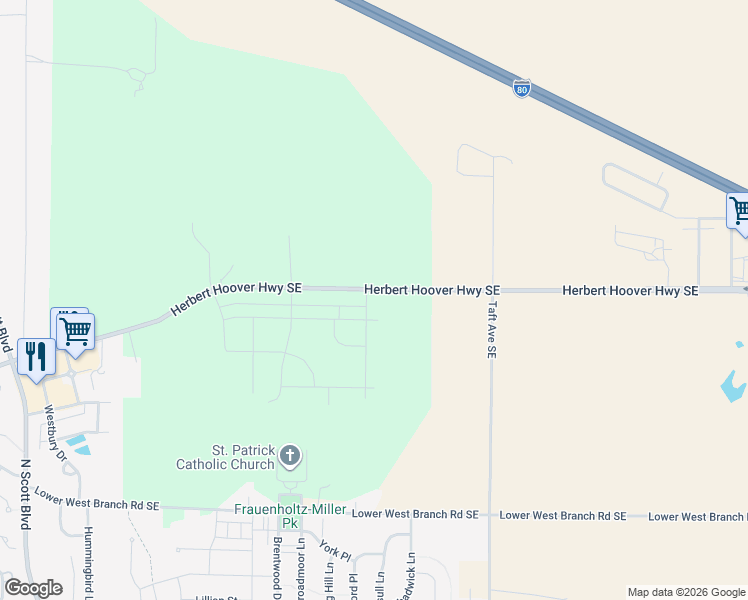 map of restaurants, bars, coffee shops, grocery stores, and more near 4757 Herbert Hoover Highway Southeast in Iowa City