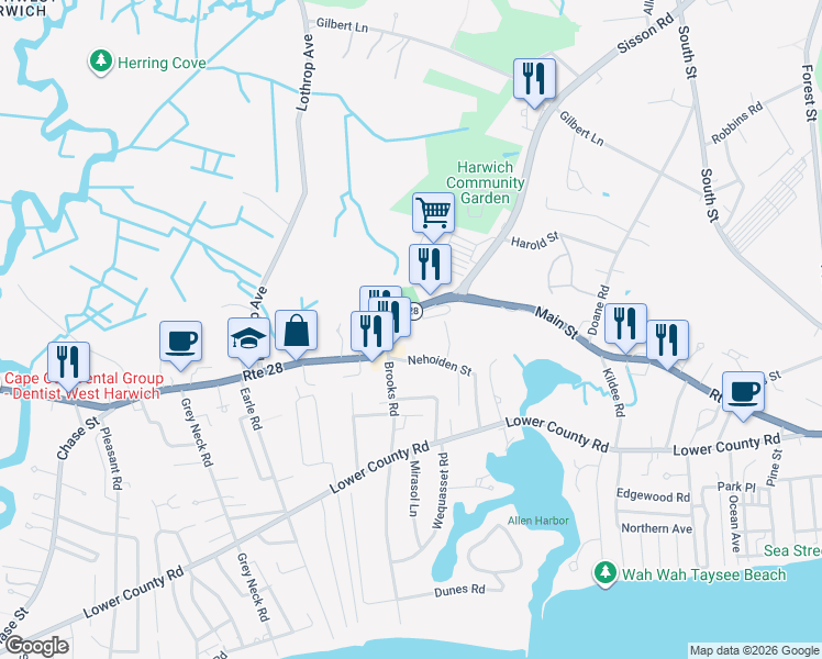 map of restaurants, bars, coffee shops, grocery stores, and more near 10 Nehoiden Street in Harwich