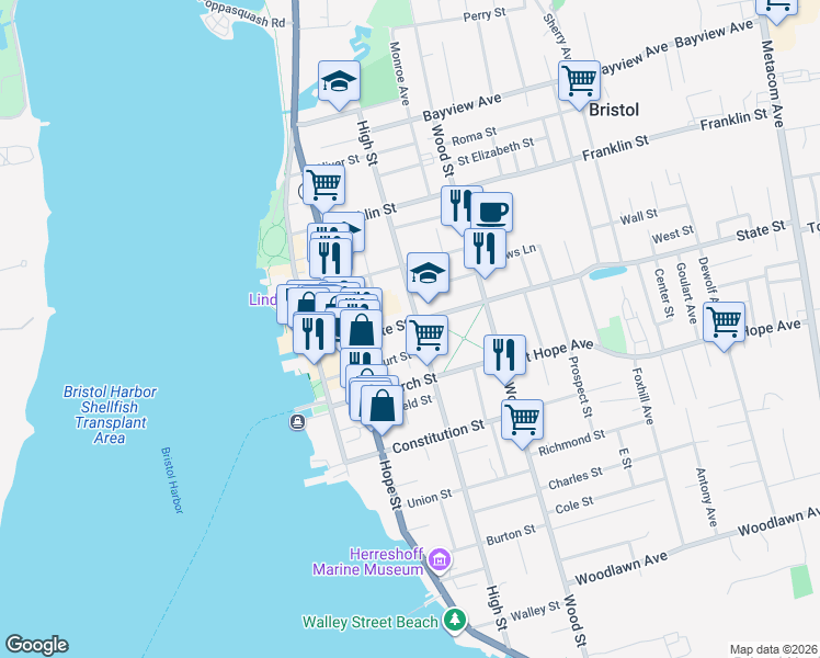 map of restaurants, bars, coffee shops, grocery stores, and more near 69 Court Street in Bristol