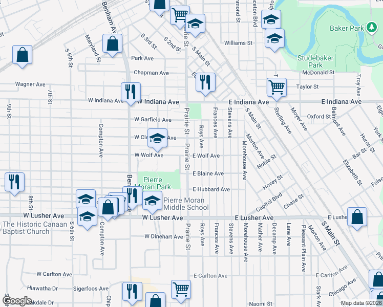 map of restaurants, bars, coffee shops, grocery stores, and more near 1812 County Road 9 in Elkhart