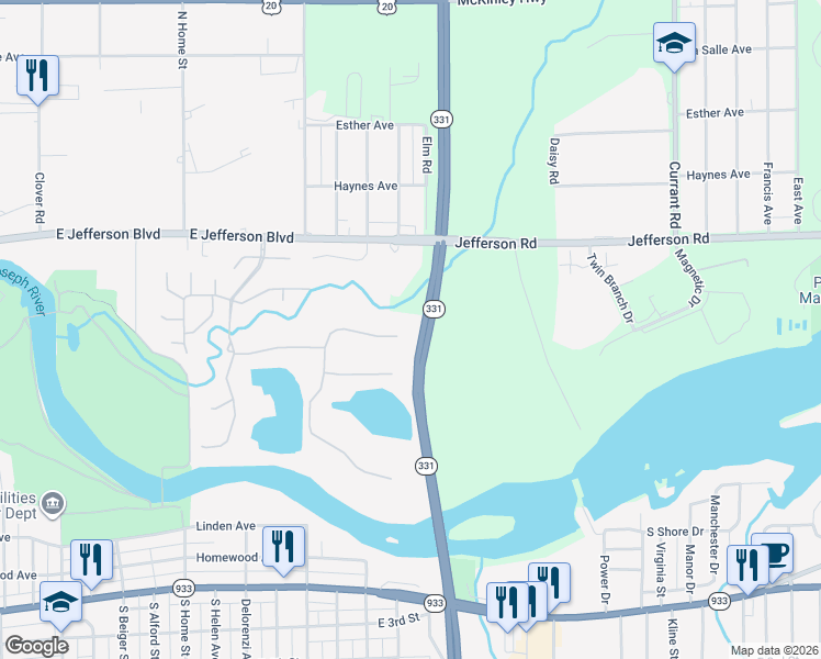 map of restaurants, bars, coffee shops, grocery stores, and more near Capital Ave in Mishawaka