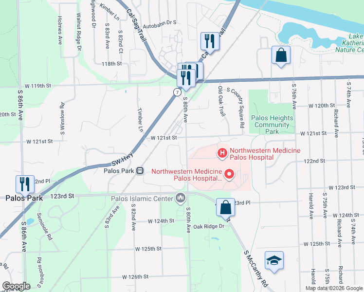 map of restaurants, bars, coffee shops, grocery stores, and more near 5 Brook Lane in Palos Park