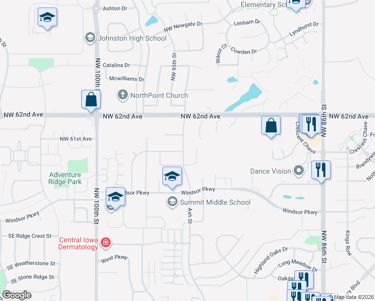 map of restaurants, bars, coffee shops, grocery stores, and more near 9425 Woodland Drive in Johnston
