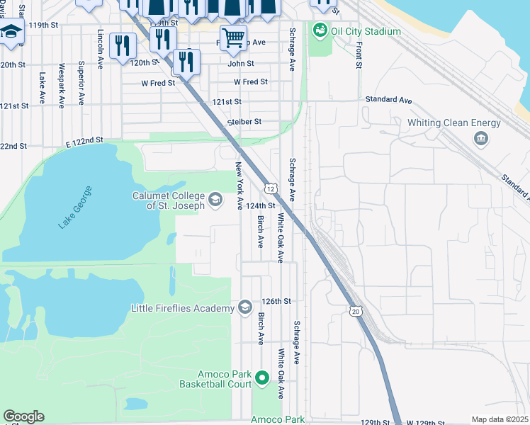 map of restaurants, bars, coffee shops, grocery stores, and more near 2409 Birch Avenue in Whiting