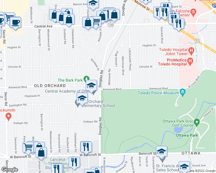map of restaurants, bars, coffee shops, grocery stores, and more near 2660 Kenwood Blvd in Toledo