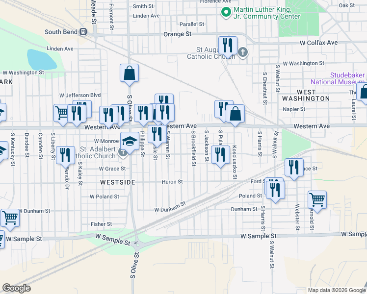 map of restaurants, bars, coffee shops, grocery stores, and more near 442 South Grant Street in South Bend