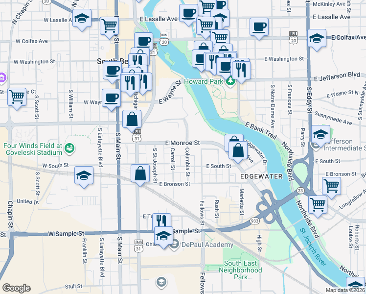 map of restaurants, bars, coffee shops, grocery stores, and more near 526 Columbia Street in South Bend
