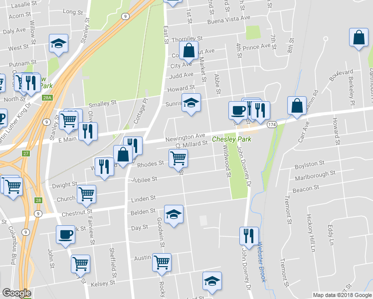 map of restaurants, bars, coffee shops, grocery stores, and more near 81 Millard Street in New Britain