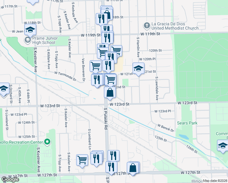 map of restaurants, bars, coffee shops, grocery stores, and more near 12234 South Harding Avenue in Alsip