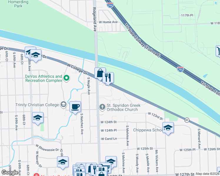map of restaurants, bars, coffee shops, grocery stores, and more near 6381 Orchard Drive in Palos Heights